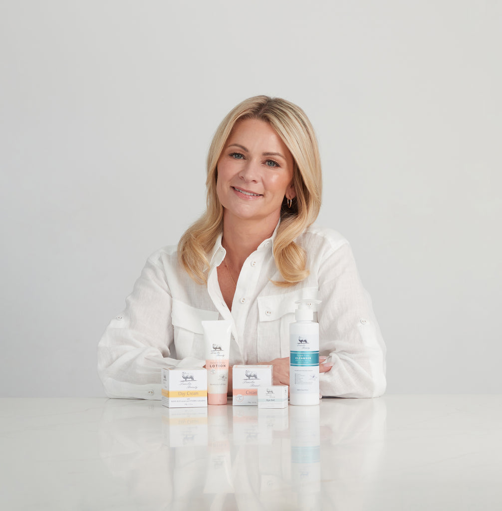 Katy Carol, Creative Director Lanolin Beauty. Displaying the range of amazing Australian Made Lanolin Beauty products